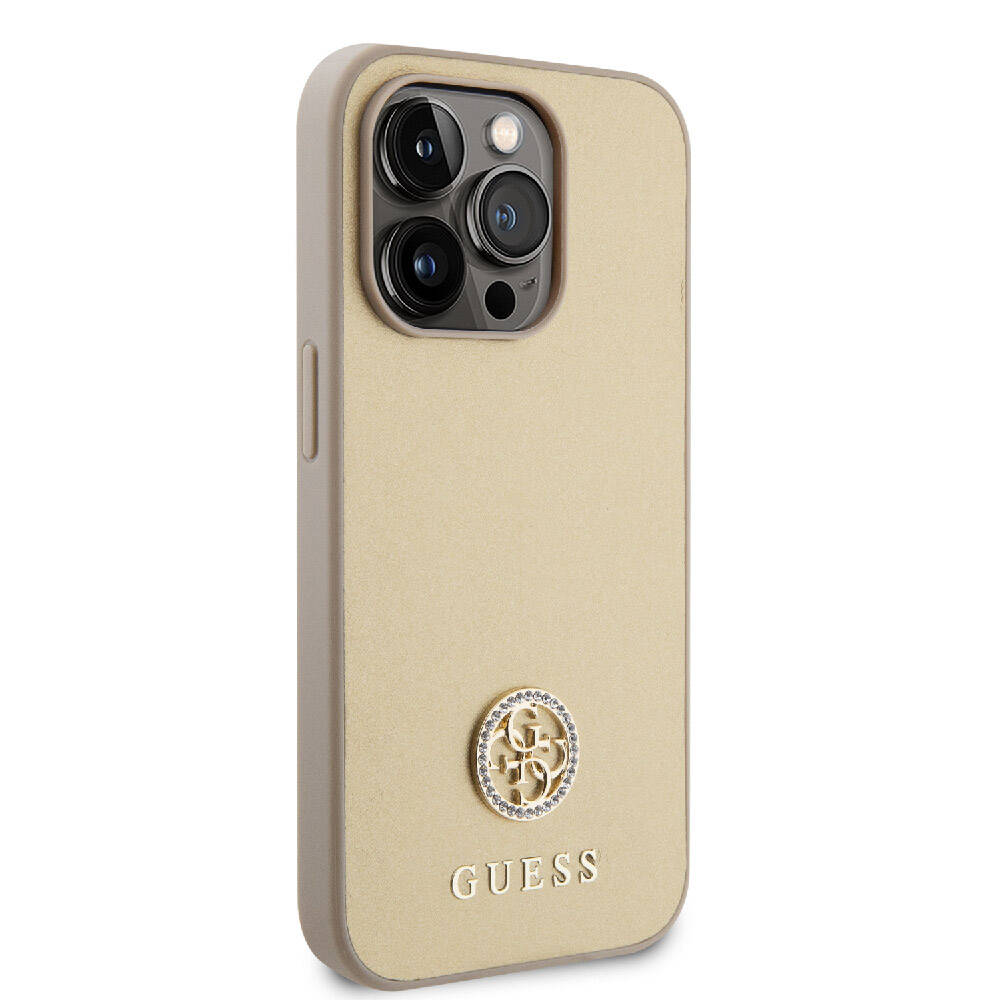 Apple iPhone 15 Pro Kılıf Guess Orjinal Lisanslı Deri 4G Metal Logo Strass Kapak Gold