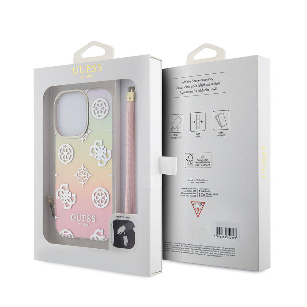 Apple iPhone 15 Pro Kılıf Guess Orjinal Lisanslı Desenli Yazı Logolu Askı İpli Holografik Glitter Peony Kapak Mor