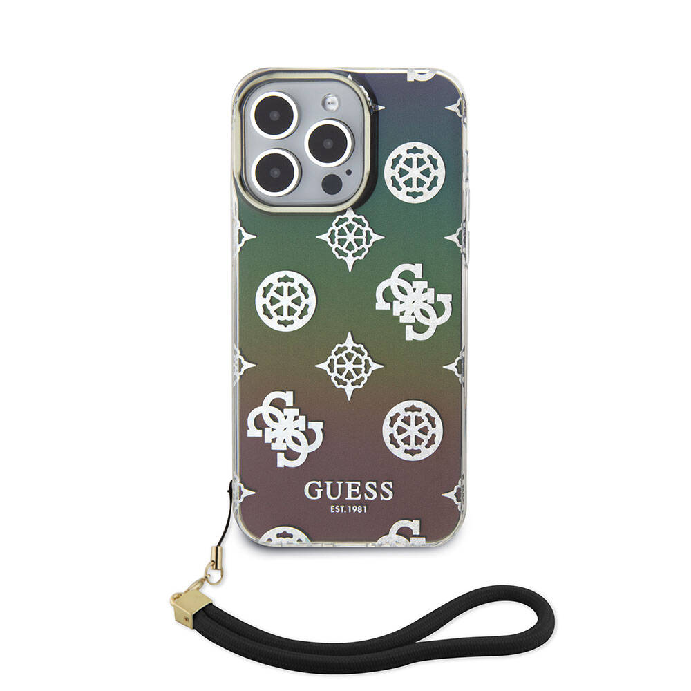 Apple iPhone 15 Pro Kılıf Guess Orjinal Lisanslı Desenli Yazı Logolu Askı İpli Holografik Glitter Peony Kapak Siyah