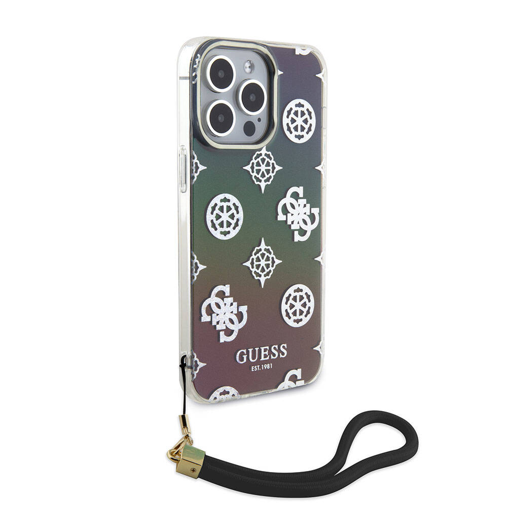 Apple iPhone 15 Pro Kılıf Guess Orjinal Lisanslı Desenli Yazı Logolu Askı İpli Holografik Glitter Peony Kapak Mor