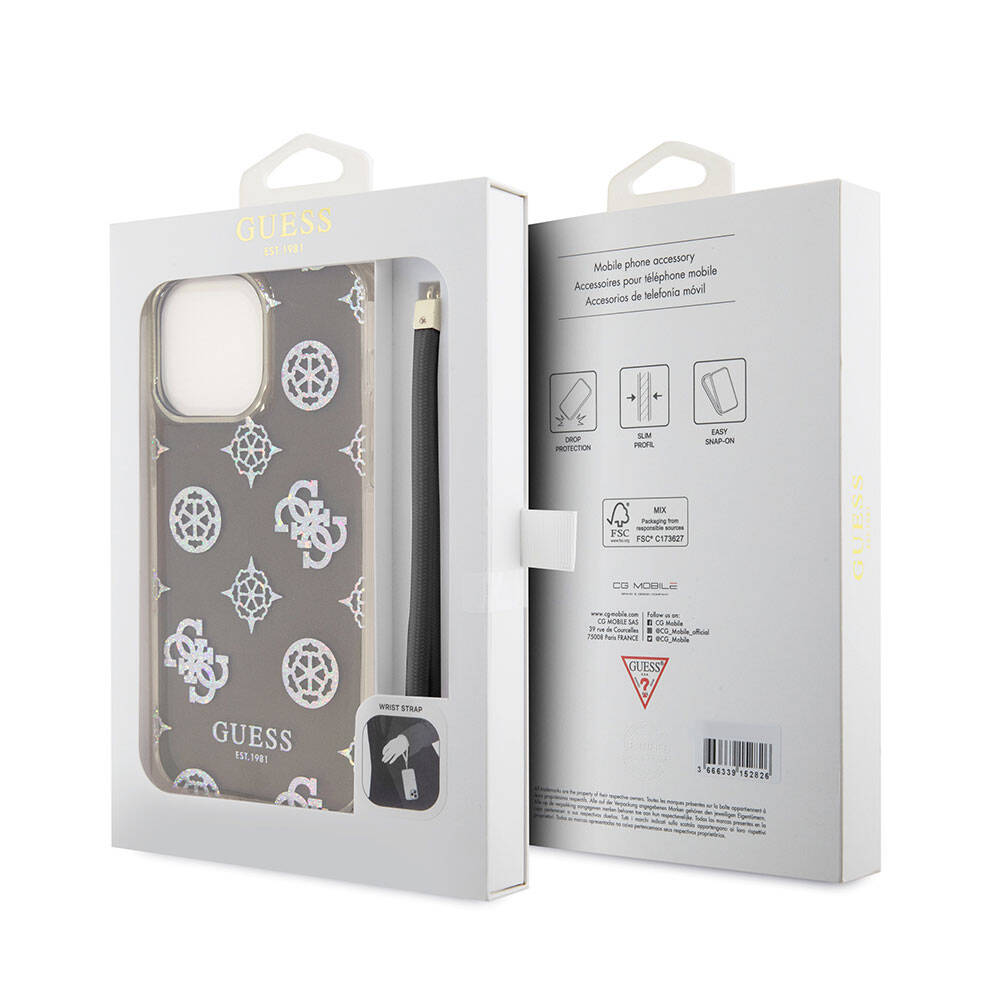 Apple iPhone 15 Pro Kılıf Guess Orjinal Lisanslı Desenli Yazı Logolu Askı İpli Holografik Glitter Peony Kapak Mor