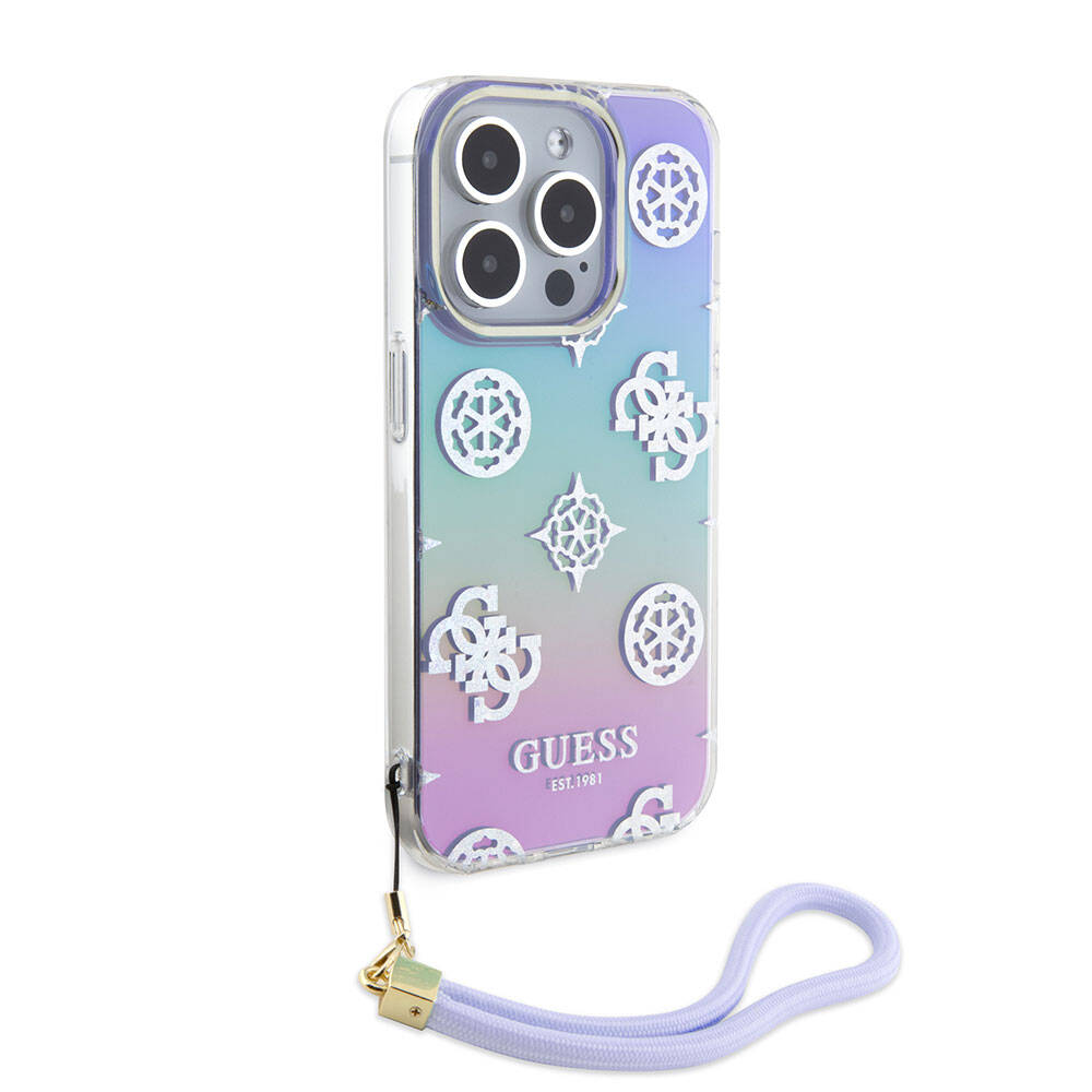 Apple iPhone 15 Pro Kılıf Guess Orjinal Lisanslı Desenli Yazı Logolu Askı İpli Holografik Glitter Peony Kapak Siyah