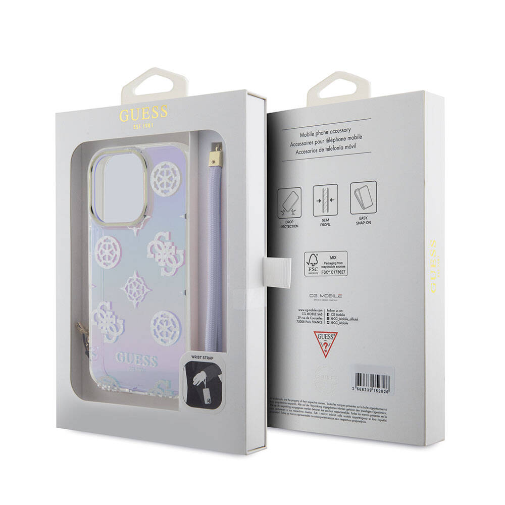 Apple iPhone 15 Pro Kılıf Guess Orjinal Lisanslı Desenli Yazı Logolu Askı İpli Holografik Glitter Peony Kapak Turkuaz