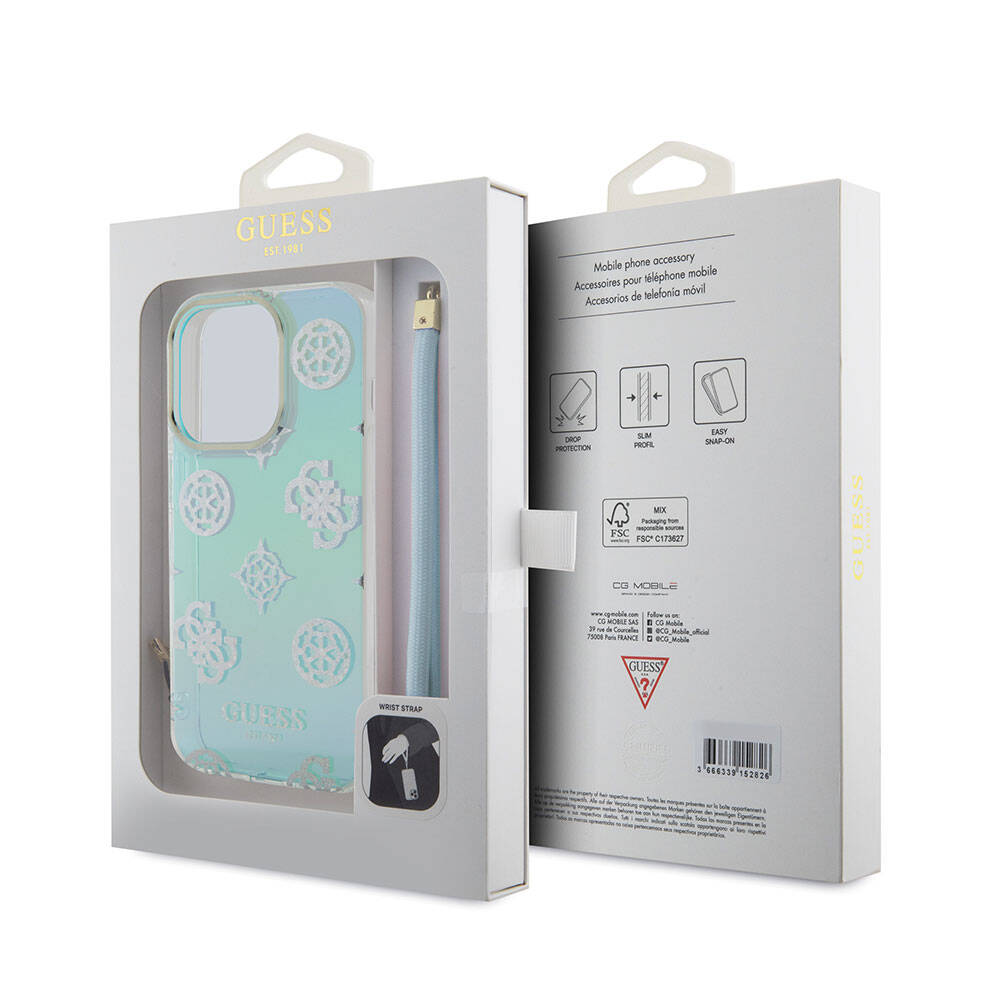 Apple iPhone 15 Pro Kılıf Guess Orjinal Lisanslı Desenli Yazı Logolu Askı İpli Holografik Glitter Peony Kapak Mor