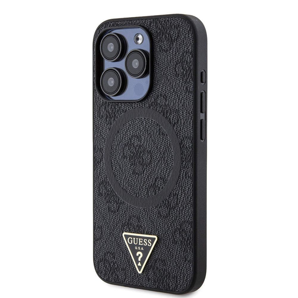 Apple iPhone 15 Pro Kılıf Guess Orjinal Lisanslı Magsafe Şarj Özellikli PU Üçgen Logo 4G Desenli Kapak Kahverengi