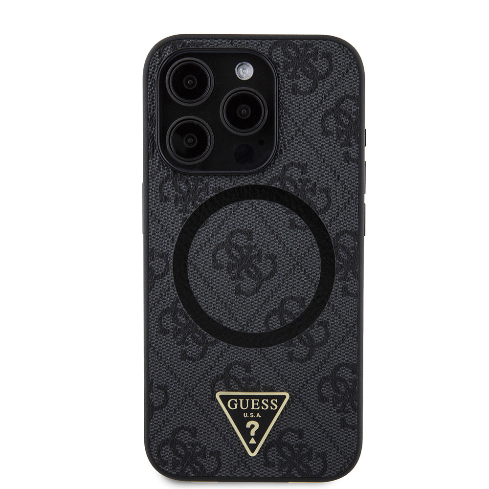 Apple iPhone 15 Pro Kılıf Guess Orjinal Lisanslı Magsafe Şarj Özellikli PU Üçgen Logo 4G Desenli Kapak Pembe