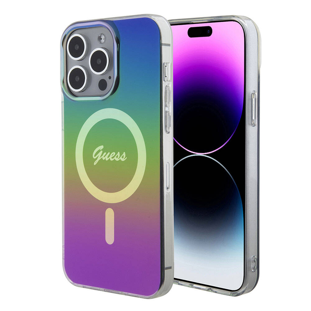 Apple iPhone 15 Pro Kılıf Guess Orjinal Lisanslı Magsafe Şarj Özellikli Yazı Logolu Iridescent Kapak Pembe