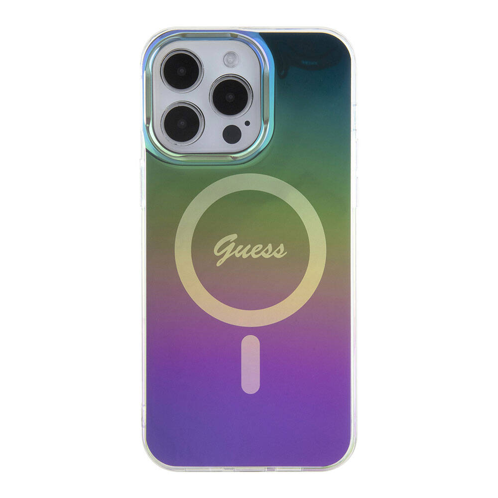 Apple iPhone 15 Pro Kılıf Guess Orjinal Lisanslı Magsafe Şarj Özellikli Yazı Logolu Iridescent Kapak Pembe