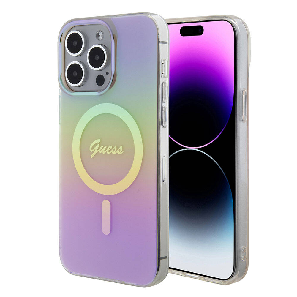 Apple iPhone 15 Pro Kılıf Guess Orjinal Lisanslı Magsafe Şarj Özellikli Yazı Logolu Iridescent Kapak Mor