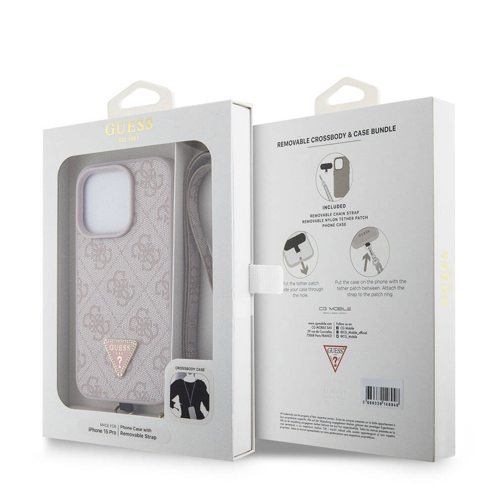 Apple iPhone 15 Pro Kılıf Guess Orjinal Lisanslı PU Deri Askılı Taşlı Üçgen Logo 4G Desenli Strass Crossbody Kapak Kahverengi