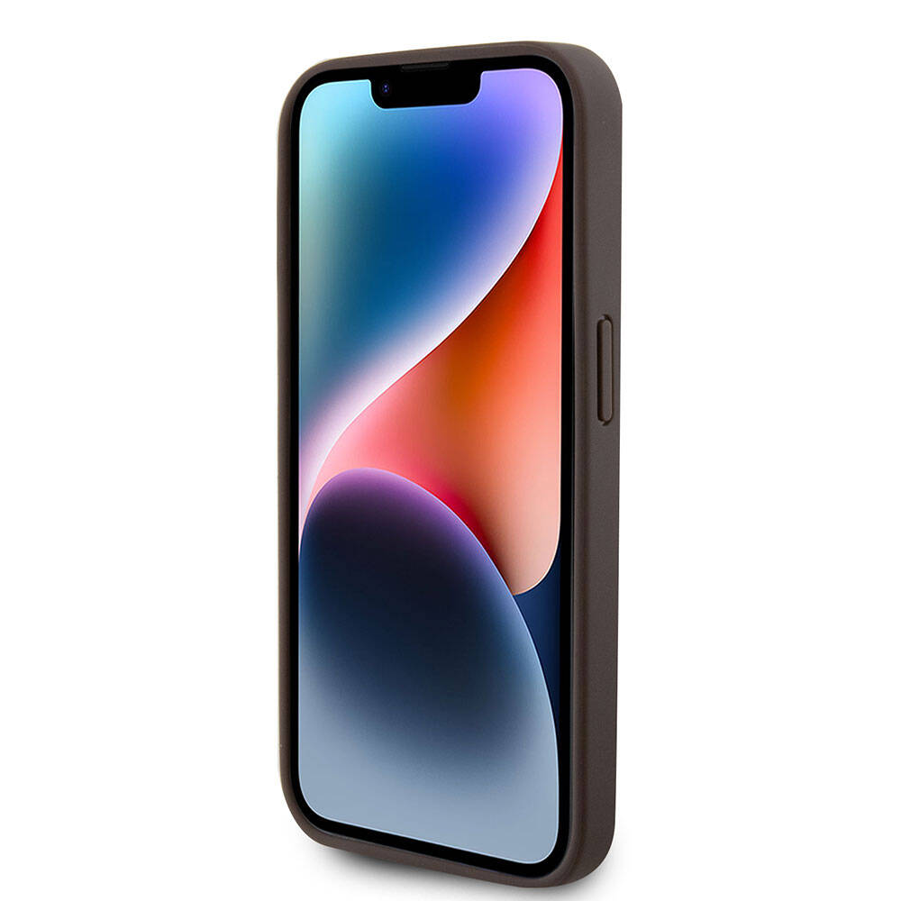 Apple iPhone 15 Pro Kılıf Guess Orjinal Lisanslı PU Deri Taşlı Üçgen Logo 4G Desenli Strass Kapak Kahverengi