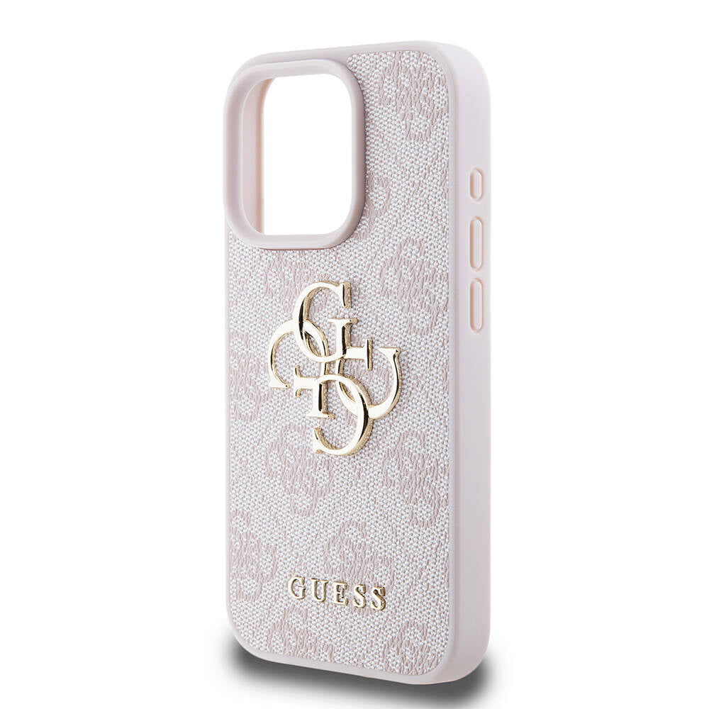 Apple iPhone 15 Pro Kılıf Guess Orjinal Lisanslı PU Deri Yazı ve 4G Metal Logolu Desenli Kapak Gri