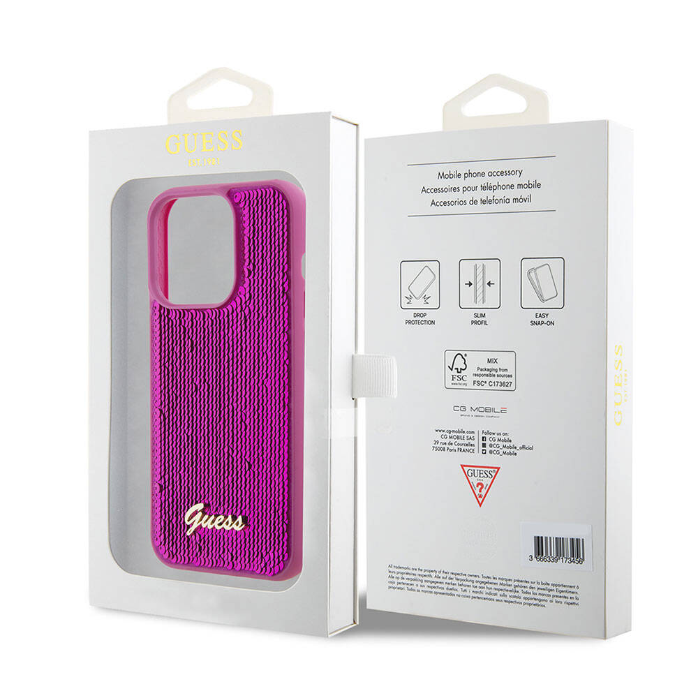 Apple iPhone 15 Pro Kılıf Guess Orjinal Lisanslı Pullu Arka Yüzey Metal Yazı Logolu Sequin Script Kapak Gümüş
