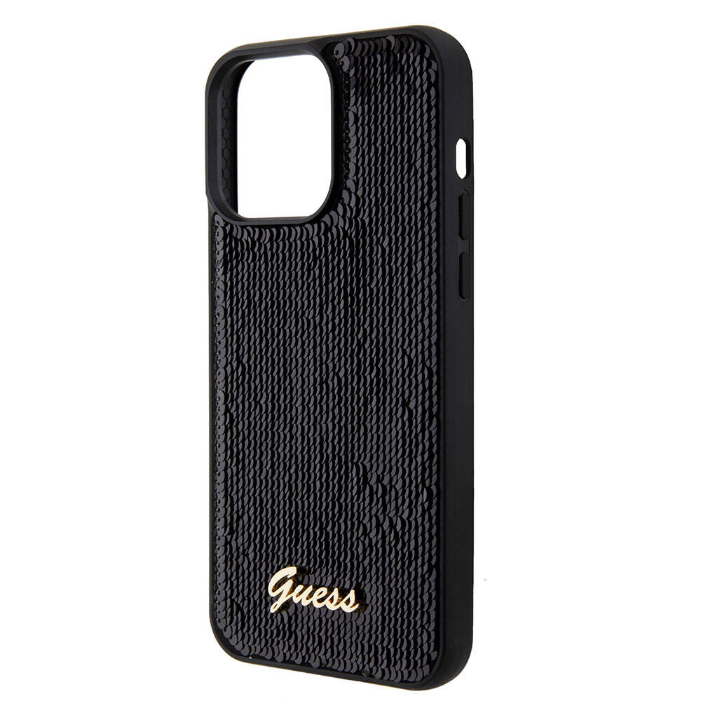 Apple iPhone 15 Pro Kılıf Guess Orjinal Lisanslı Pullu Arka Yüzey Metal Yazı Logolu Sequin Script Kapak Siyah