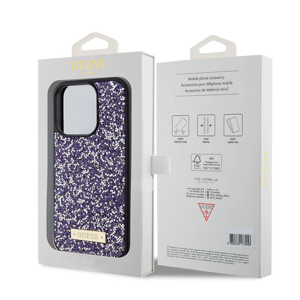 Apple iPhone 15 Pro Kılıf Guess Orjinal Lisanslı Taşlı Arka Yüzey Metal Yazı Logolu Kapak Gümüş