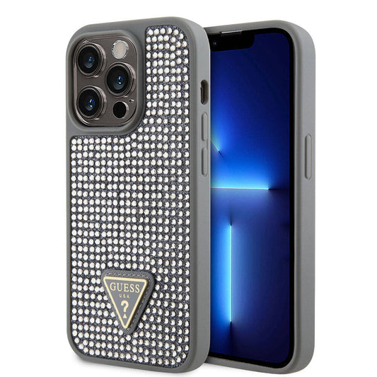 Apple iPhone 15 Pro Kılıf Guess Orjinal Lisanslı Taşlı Arka Yüzey Üçgen Logolu Kapak Gümüş