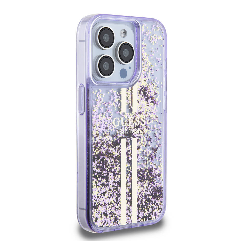 Apple iPhone 15 Pro Kılıf Guess Orjinal Lisanslı Transparan Sıvılı Simli Altın Çizgili Kapak Mor