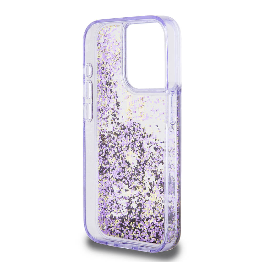 Apple iPhone 15 Pro Kılıf Guess Orjinal Lisanslı Transparan Sıvılı Simli Altın Çizgili Kapak Mor