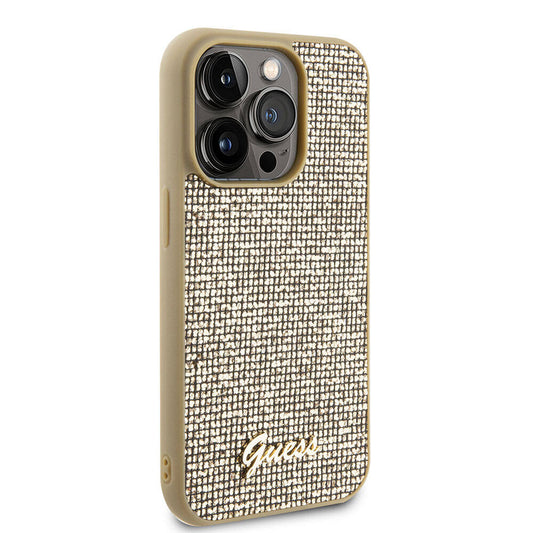 Apple iPhone 15 Pro Kılıf Guess Orjinal Lisanslı Yazı Logolu Disco Script Metal Kapak Gold