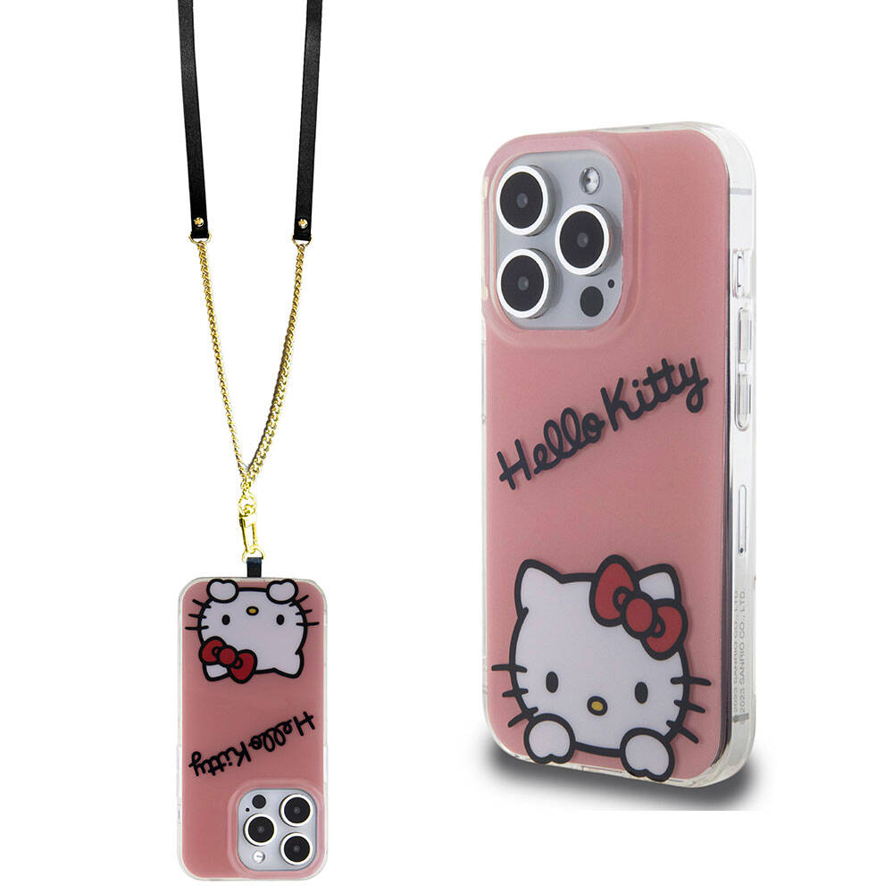 Apple iPhone 15 Pro Kılıf Hello Kitty Orjinal Lisanslı Askılı Yazı ve İkonik Logolu Daydreaming Kapak Beyaz