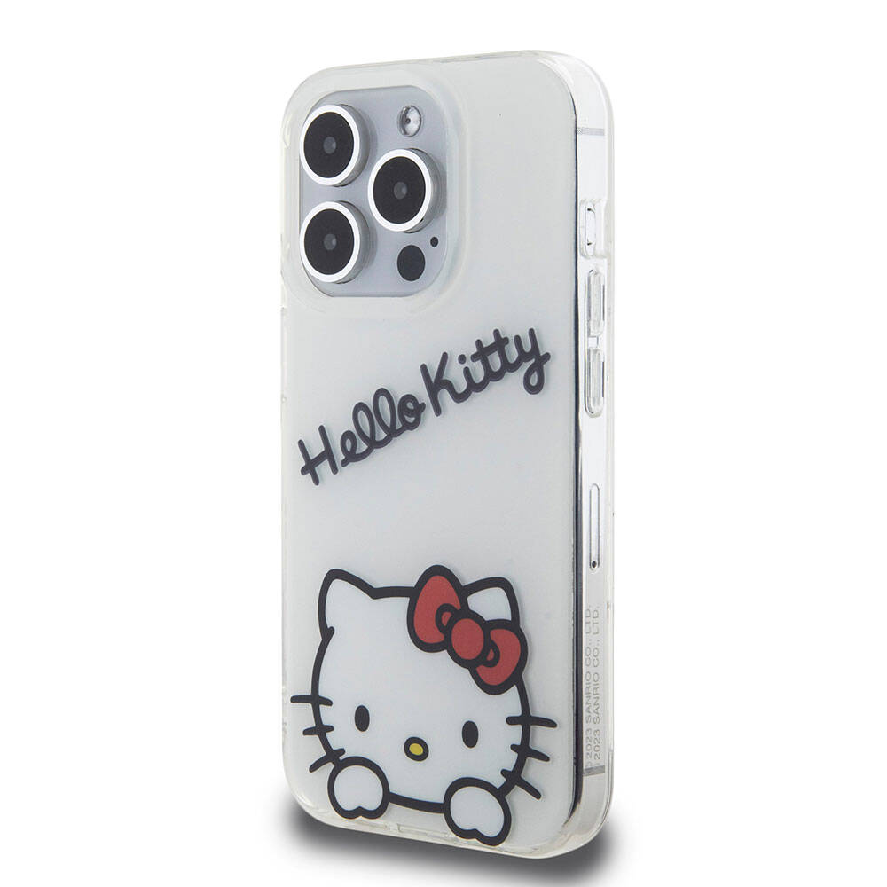 Apple iPhone 15 Pro Kılıf Hello Kitty Orjinal Lisanslı Askılı Yazı ve İkonik Logolu Daydreaming Kapak Beyaz