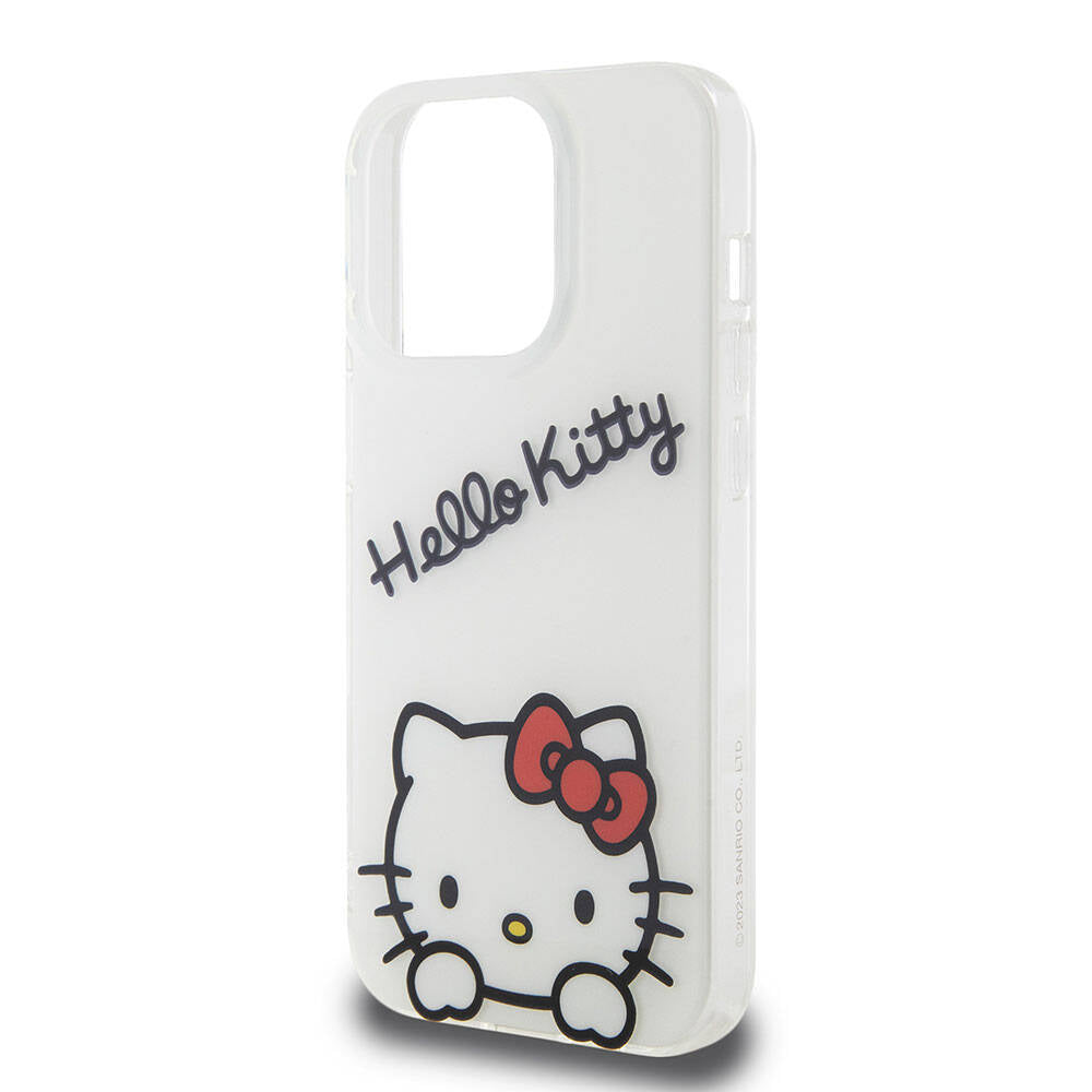 Apple iPhone 15 Pro Kılıf Hello Kitty Orjinal Lisanslı Askılı Yazı ve İkonik Logolu Daydreaming Kapak Beyaz