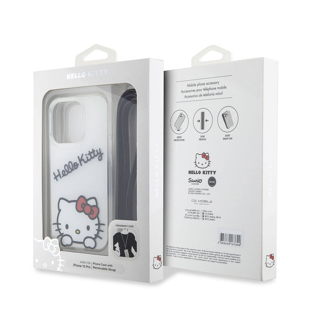 Apple iPhone 15 Pro Kılıf Hello Kitty Orjinal Lisanslı Askılı Yazı ve İkonik Logolu Daydreaming Kapak Beyaz