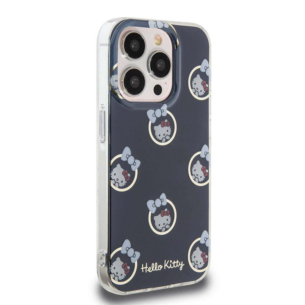 Apple iPhone 15 Pro Kılıf Hello Kitty Orjinal Lisanslı Elektroplating Kaplama Kabarcık Baskılı Kapak Siyah