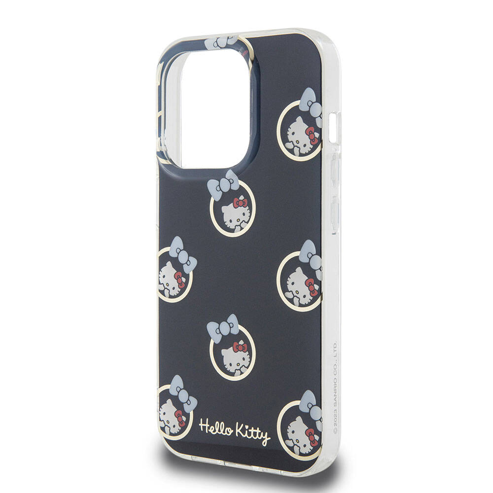 Apple iPhone 15 Pro Kılıf Hello Kitty Orjinal Lisanslı Elektroplating Kaplama Kabarcık Baskılı Kapak Siyah