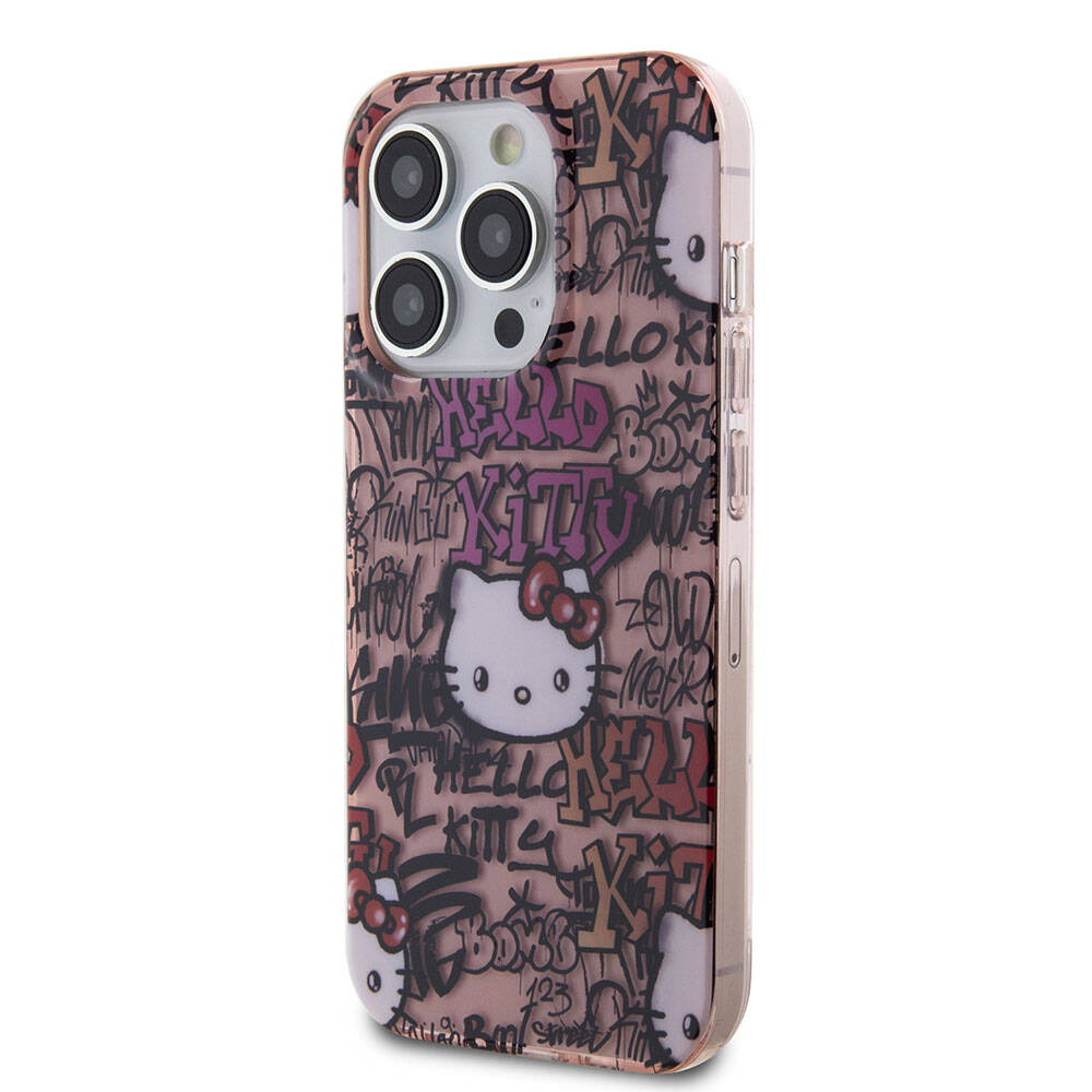 Apple iPhone 15 Pro Kılıf Hello Kitty Orjinal Lisanslı İkonik Logolu Etiket Graffiti Kapak Beyaz