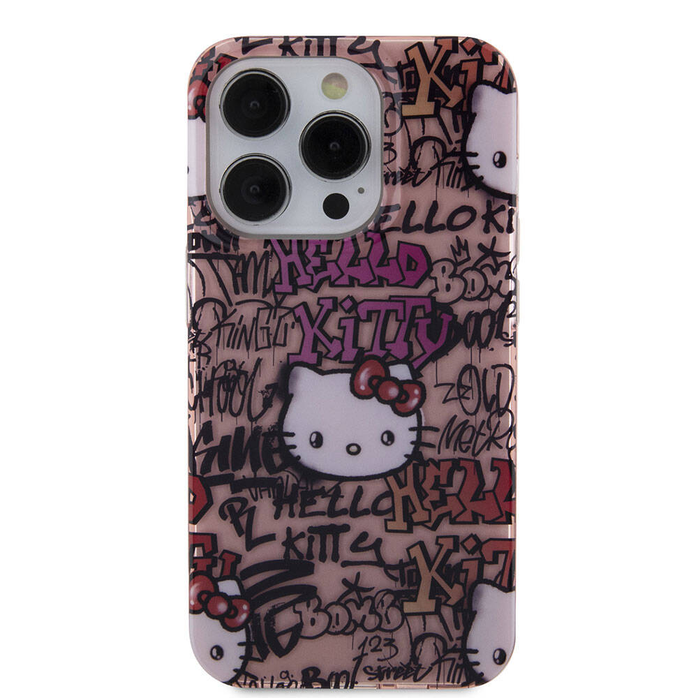 Apple iPhone 15 Pro Kılıf Hello Kitty Orjinal Lisanslı İkonik Logolu Etiket Graffiti Kapak Beyaz