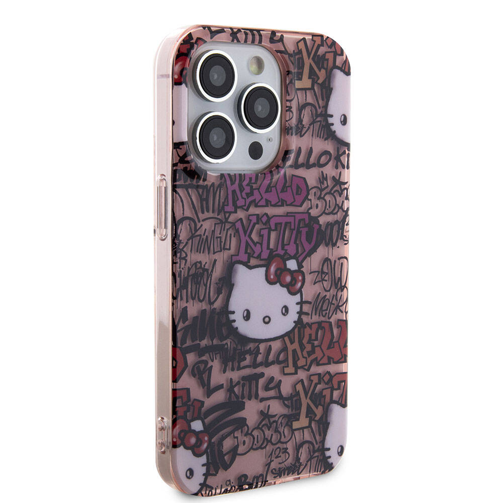 Apple iPhone 15 Pro Kılıf Hello Kitty Orjinal Lisanslı İkonik Logolu Etiket Graffiti Kapak Pembe