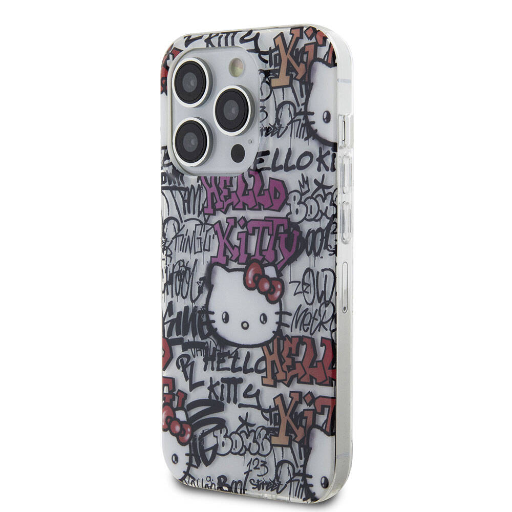 Apple iPhone 15 Pro Kılıf Hello Kitty Orjinal Lisanslı İkonik Logolu Etiket Graffiti Kapak Beyaz