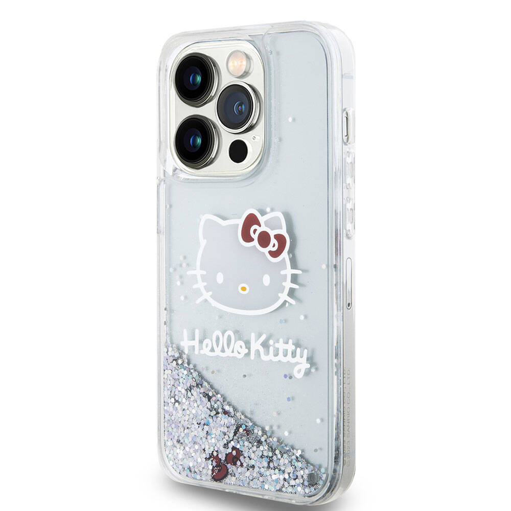 Apple iPhone 15 Pro Kılıf Hello Kitty Orjinal Lisanslı İkonik Sıvılı Glitter Kapak Renksiz