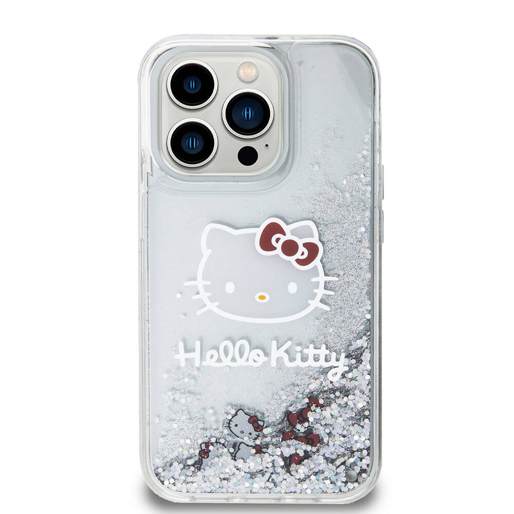 Apple iPhone 15 Pro Kılıf Hello Kitty Orjinal Lisanslı İkonik Sıvılı Glitter Kapak Renksiz