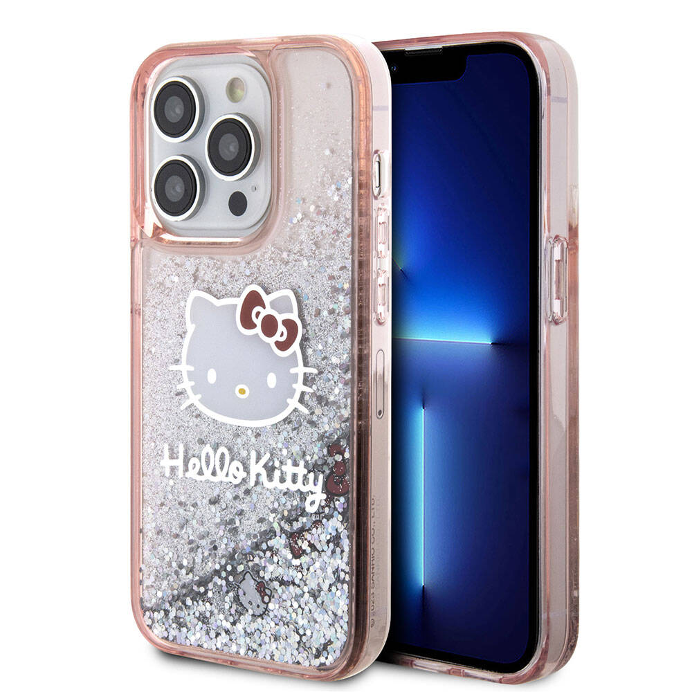 Apple iPhone 15 Pro Kılıf Hello Kitty Orjinal Lisanslı İkonik Sıvılı Glitter Kapak Pembe