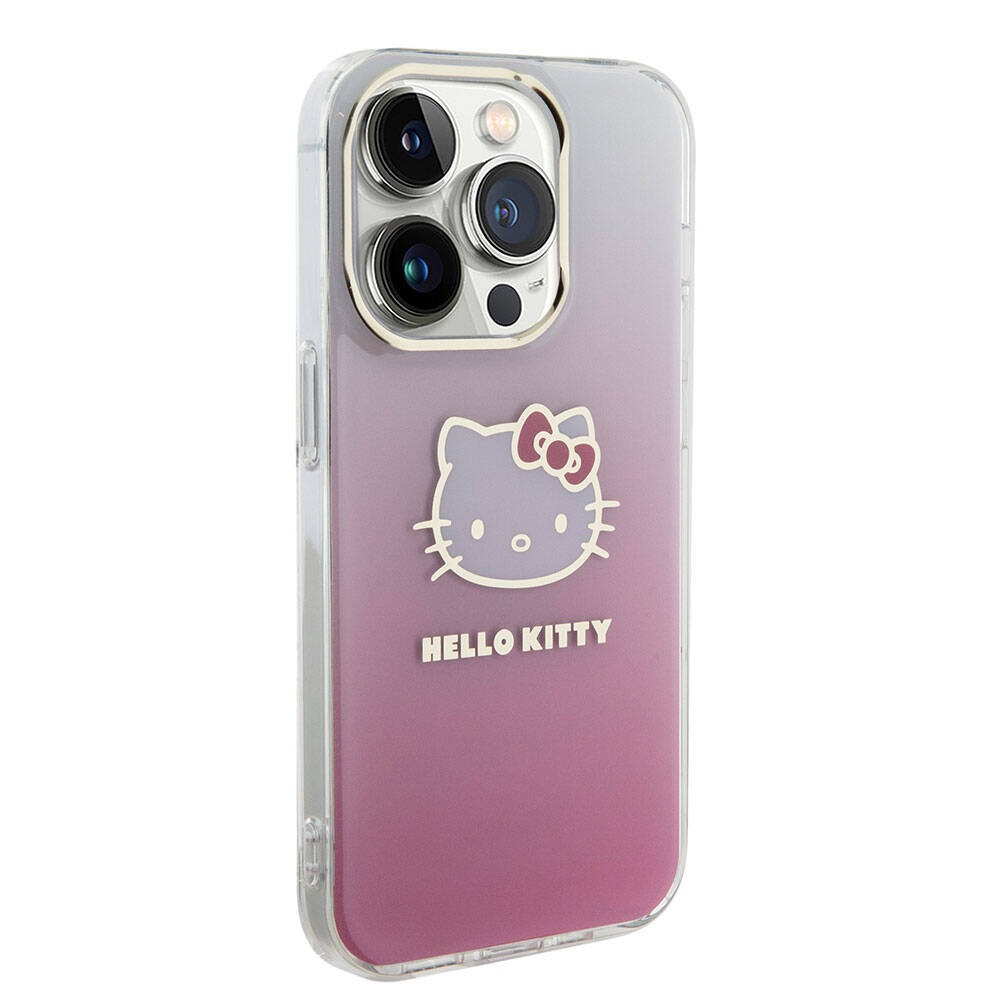 Apple iPhone 15 Pro Kılıf Hello Kitty Orjinal Lisanslı Yazı ve İkonik Logolu Elektroplating Kaplama Gradyan Kapak Mor