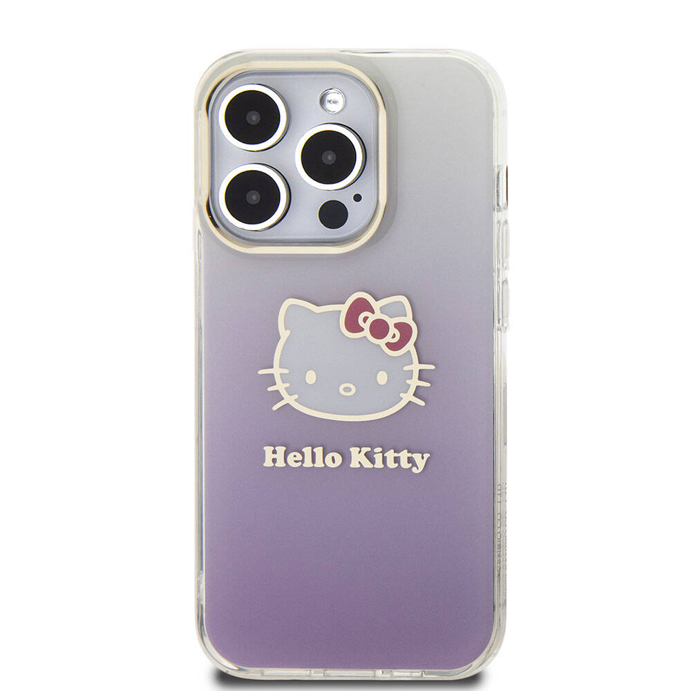 Apple iPhone 15 Pro Kılıf Hello Kitty Orjinal Lisanslı Yazı ve İkonik Logolu Elektroplating Kaplama Gradyan Kapak Mor