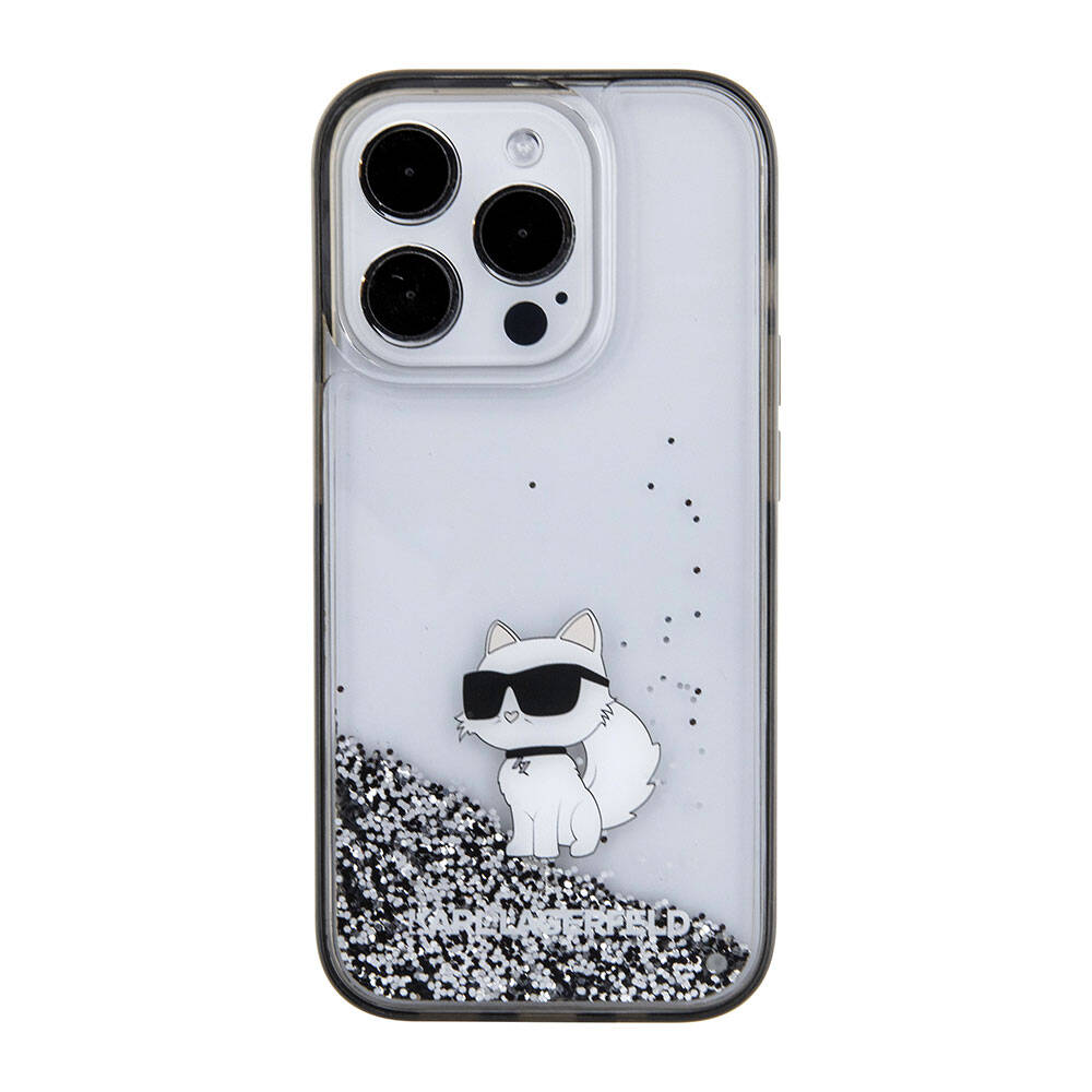Apple iPhone 15 Pro Kılıf Karl Lagerfeld Choupette Sıvılı Glitter Orjinal Lisanslı Kapak Renksiz