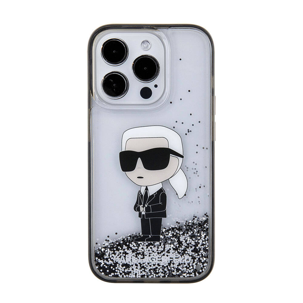 Apple iPhone 15 Pro Kılıf Karl Lagerfeld İkonik Sıvılı Glitter Orjinal Lisanslı Kapak Renksiz