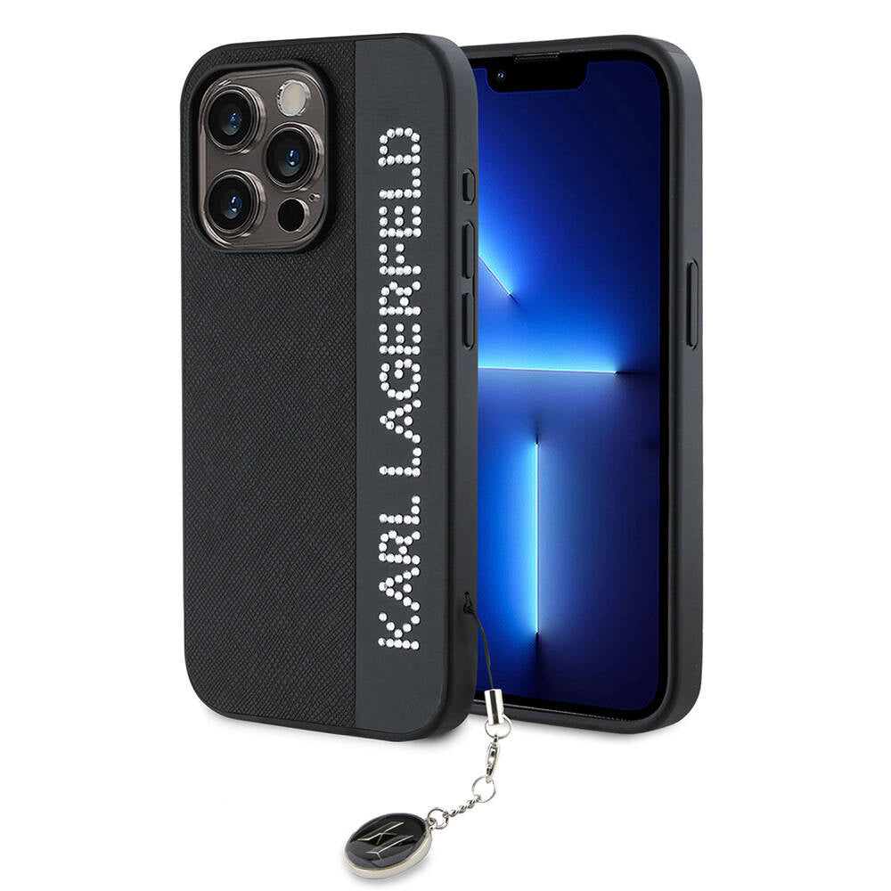 Apple iPhone 15 Pro Kılıf Karl Lagerfeld Orjinal Lisanslı Anahtarlıklı Taşlı KL Yazılı Saffiano Rhinestones Kapak Pembe