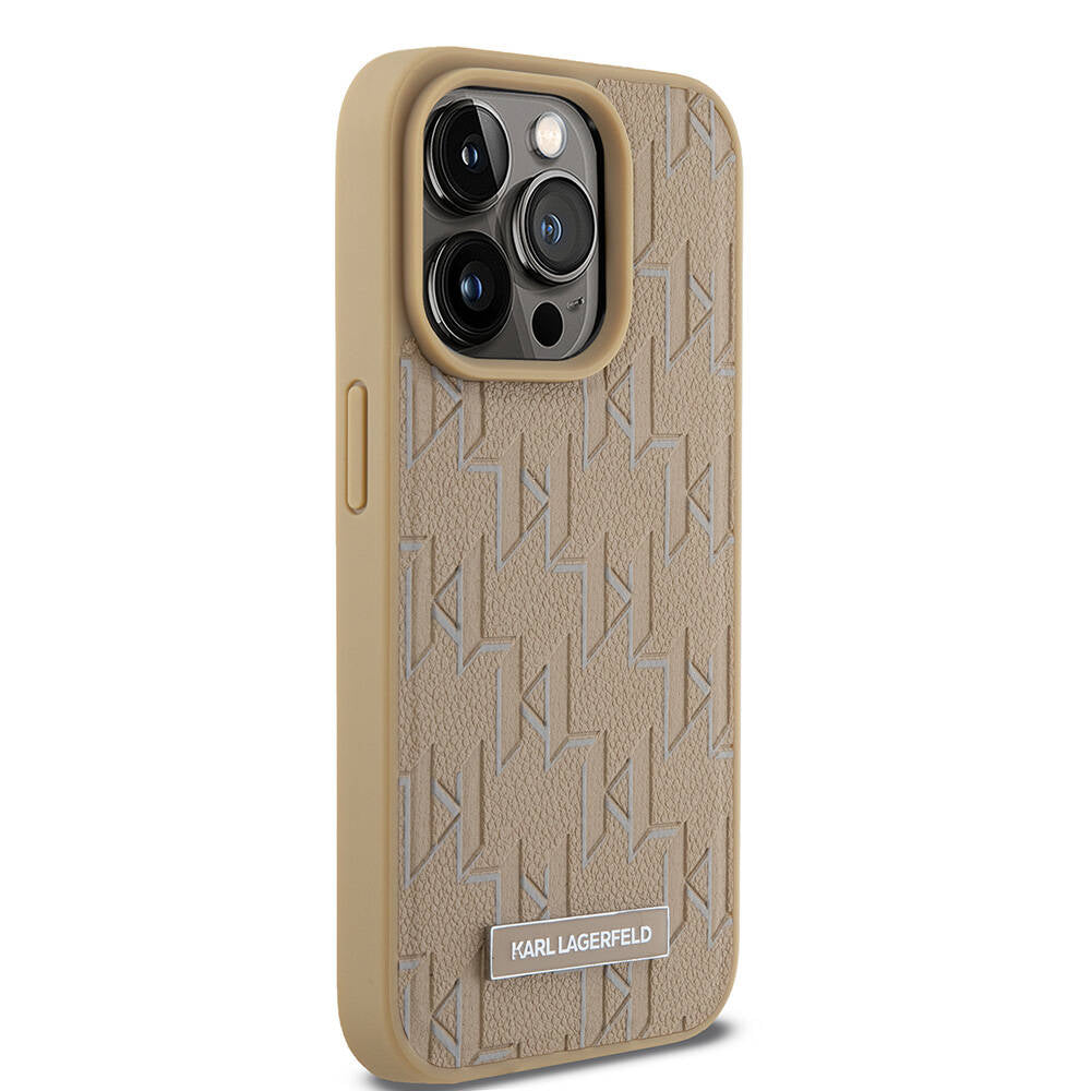 Apple iPhone 15 Pro Kılıf Karl Lagerfeld Orjinal Lisanslı Magsafe Şarj Özellikli KL Yazılı Hot Stamp Kapak Krem