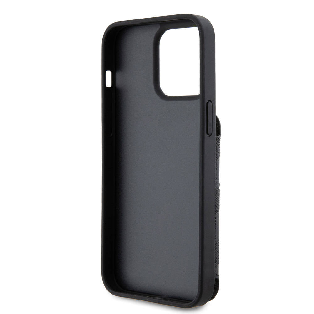 Apple iPhone 15 Pro Kılıf Karl Lagerfeld Standlı Kartlıklı Saffiano Monogram İkonik Metal Logo Orjinal Lisanslı Kapak Siyah