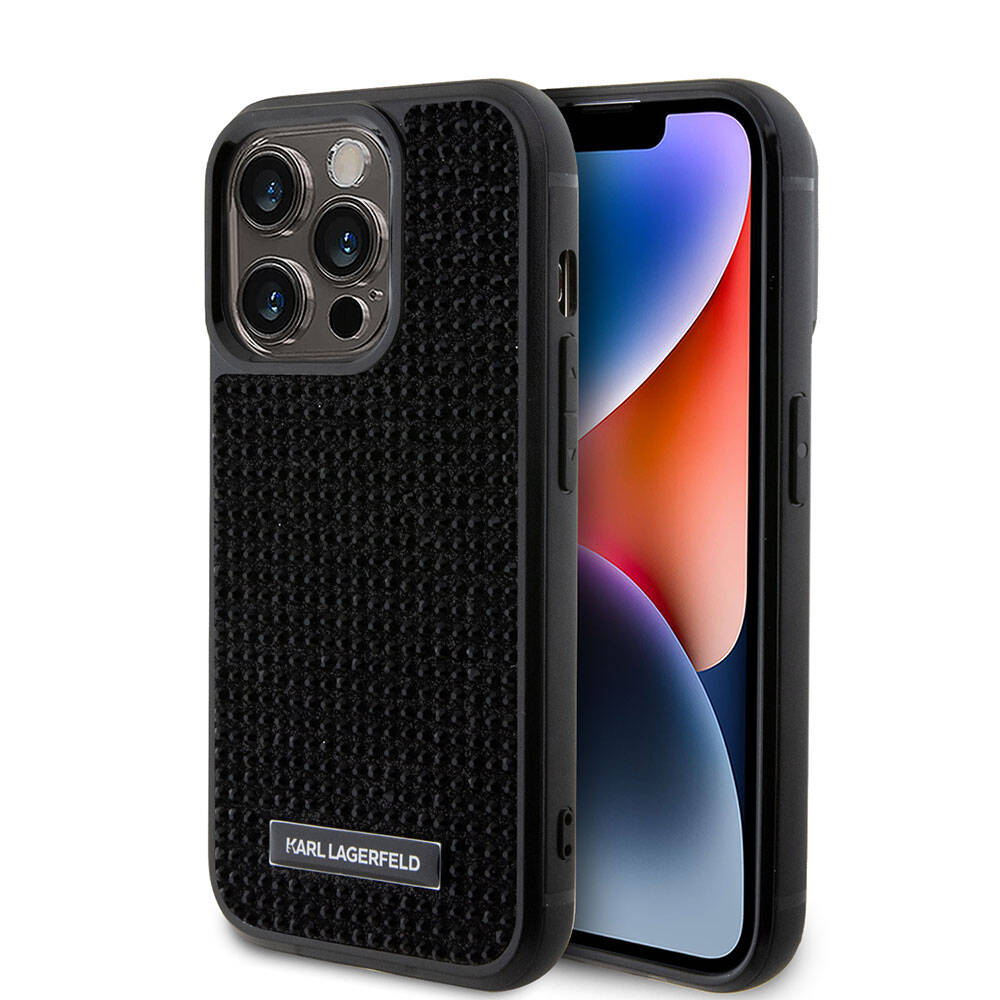 Apple iPhone 15 Pro Kılıf Karl Lagerfeld Taşlı Metal Logo Orjinal Lisanslı Kapak Gümüş