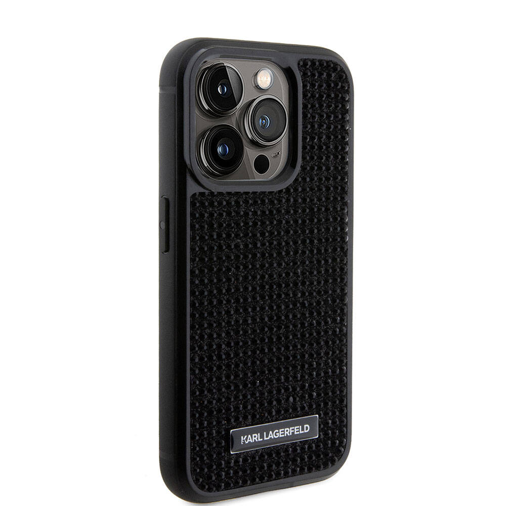Apple iPhone 15 Pro Kılıf Karl Lagerfeld Taşlı Metal Logo Orjinal Lisanslı Kapak Siyah