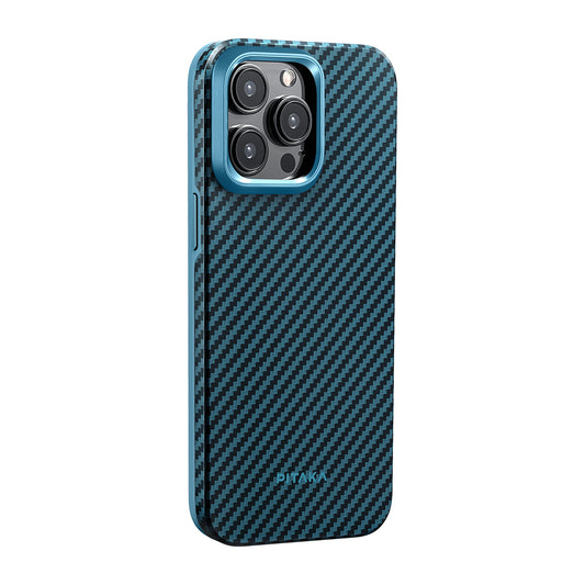 Apple iPhone 15 Pro Kılıf M-safe Şarj Özellikli 1500D Aramid Fiber Pitaka Military-Grade Classic Serisi Black-Grey Twill Kapak Siyah-Mavi