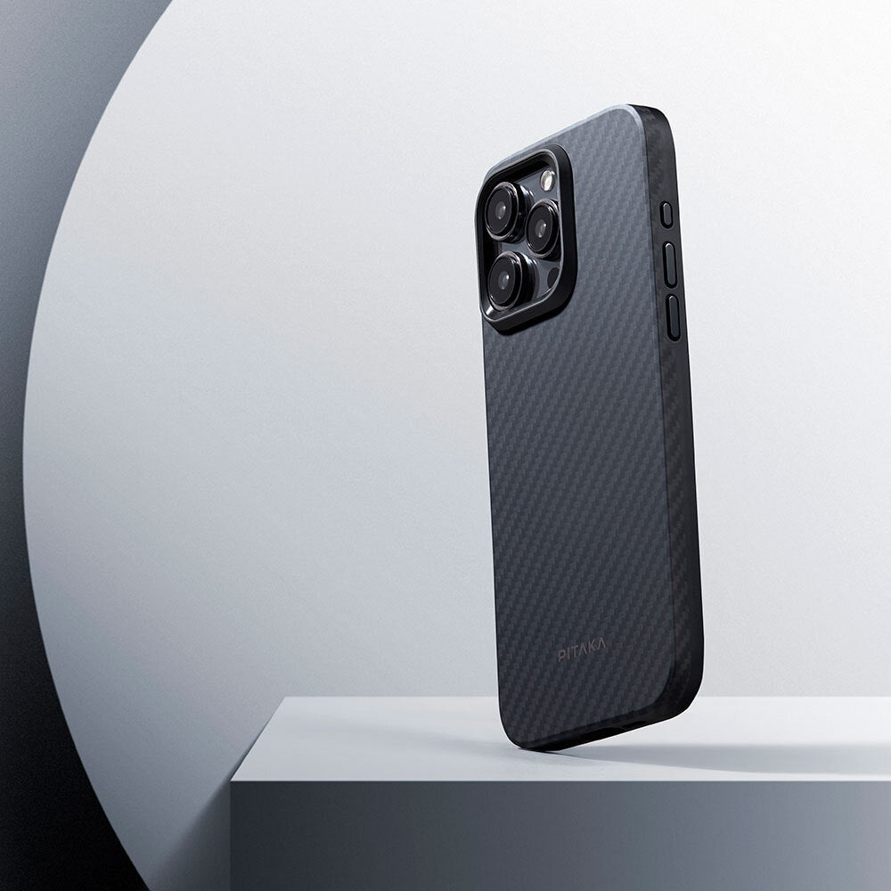 Apple iPhone 15 Pro Kılıf M-safe Şarj Özellikli 1500D Aramid Fiber Pitaka Military-Grade Classic Serisi Black-Grey Twill Kapak Siyah-Mavi