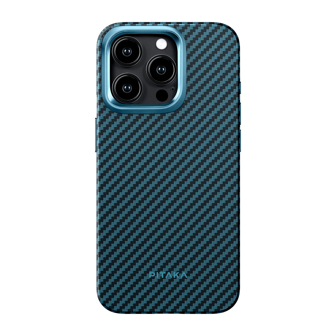 Apple iPhone 15 Pro Kılıf M-safe Şarj Özellikli 1500D Aramid Fiber Pitaka Military-Grade Classic Serisi Black-Grey Twill Kapak Siyah-Mavi