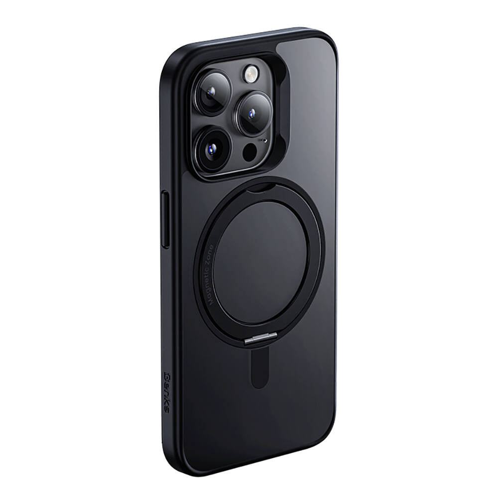 Apple iPhone 15 Pro Kılıf Magsafe Şarj Özellikli 360° Dönebilen Benks Pop Stand Kapak Gri