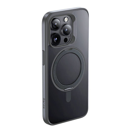 Apple iPhone 15 Pro Kılıf Magsafe Şarj Özellikli 360° Dönebilen Benks Pop Stand Kapak Gri